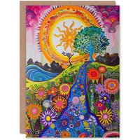 Artery8 Bright Colourful Hippy Artwork Flowers Sun Trees Greeting Card