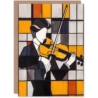 Artery8 Violinist Painting Cubism Classical Music Lover Greeting Card Birthday in Yellow