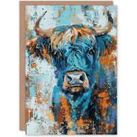 Artery8 Blue Highland Cow Oil Painting Scottish Animal Greeting Card Birthday