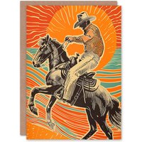 Artery8 Abstract Cowboy on Horse Sunset Western America Greeting Card Birthday in Orange