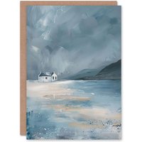 Artery8 Classic Scottish Cottage on Coast Oil Painting Greeting Card Birthday in Grey