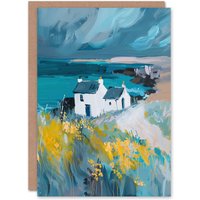 Artery8 Coastal Scottish Cottage Wildflowers Oil Painting Greeting Card in Blue