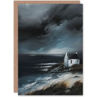 Artery8 Scottish Coastal Cottage Oil Painting Timeless Greeting Card Birthday in Grey