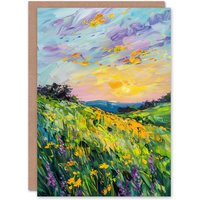 Artery8 Lavender Daffodil Meadow Sunset Oil Painting Greeting Card Birthday in Green