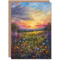 Artery8 Wildflower Meadow at Sunset Oil Painting Summer Greeting Card Birthday