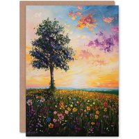 Artery8 Tree Spring Wildflower Meadow Sunset Oil Painting Greeting Card in Orange