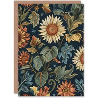 Artery8 Sunflowers in Leaves Painting Classic Vintage Greeting Card Birthday in Navy