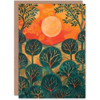 Artery8 Warm Sunrise Over Forest Painting Nature Greeting Card Birthday in Orange