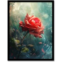 Artery8 Single Red Rose Flower Morning Mist Painting Framed Art Print in Blue | Size: A4