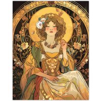 Artery8 Alphonse Mucha Style Woman Floral Art Nouveau Wall Art Print in Yellow | Size: W24" x H32"