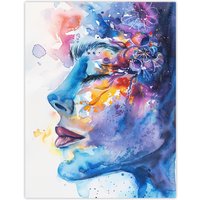 Artery8 Ethereal Woman Face Portrait Floral Watercolour Wall Art Print in Blue | Size: W18" x H24"