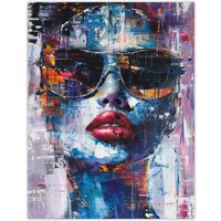 Artery8 Woman Sunglasses Beauty Portrait Oil Painting Wall Art Print in Blue | Size: W12" x H16"
