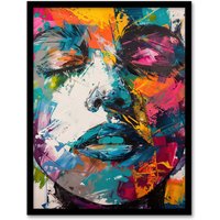 Artery8 Woman Face Colourful Portrait Oil Painting Framed Art Print | Size: A4