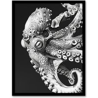 Artery8 Octopus Black White Drawing Ernst Haeckel Style Framed Art Print in Grey | Size: W12" x H16"