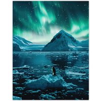 Artery8 Aurora Australis Penguin Antarctica Ice Landscape Wall Art Print in Blue | Size: W12" x H16"