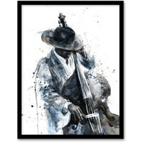 Artery8 Jazz Music Double Bass Player Watercolour Framed Art Print in Grey | Size: W12" x H16"