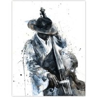 Artery8 Jazz Music Double Bass Player Watercolour Wall Art Print in Grey | Size: W24" x H32"
