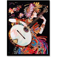 Artery8 Woman Floral Banjo Player Colourful Portrait Framed Art Print | Size: W12" x H16"