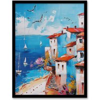 Artery8 Coastal Town Beach Sail Boats Abstract Painting Framed Art Print in Blue | Size: A4