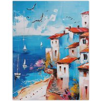 Artery8 Coastal Town Beach Sail Boats Abstract Painting Wall Art Print in Blue | Size: W24" x H32"