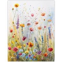 Artery8 Spring Wildflower Meadow Watercolour Painting Wall Art Print in Green | Size: W12" x H16"