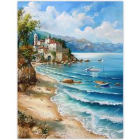 Artery8 Seaside Beach Scene Coastal Landscape Painting Wall Art Print in Blue | Size: W24" x H32"