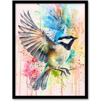 Artery8 Bird in Flight Colourful Watercolour Painting Framed Art Print in Blue | Size: A4