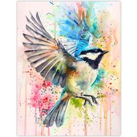 Artery8 Bird in Flight Colourful Watercolour Painting Wall Art Print in Blue | Size: W12" x H16"