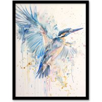 Artery8 Kingfisher Bird in Flight Watercolour Painting Framed Art Print in Blue | Size: W12" x H16"