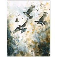 Artery8 Birds in Flight Autumn Watercolour Painting Wall Art Print in Green | Size: W18" x H24"
