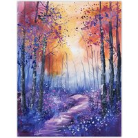 Artery8 Bluebell Woods Abstract Violet Forest Sunrise Wall Art Print in Purple | Size: W12" x H16"
