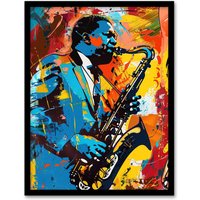 Artery8 Blues Jazz Saxophone Player Vibrant Painting Framed Art Print | Size: A4