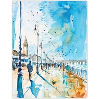 Artery8 Walk on the Promenade Watercolour Painting Wall Art Print in Blue | Size: W12" x H16"