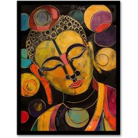 Artery8 Buddha Statue Meditating Head Colourful Painting Framed Art Print in Mustard | Size: A4