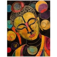 Artery8 Buddha Statue Meditating Head Colourful Painting Wall Art Print in Mustard | Size: W24" x H32"