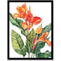 Artery8 Canna Lily Flower Bright Botanical Painting Framed Art Print in Orange | Size: W12" x H16"