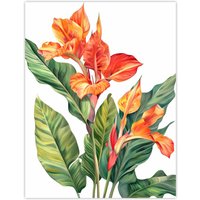 Artery8 Canna Lily Flower Bright Botanical Painting Wall Art Print in Orange | Size: W18" x H24"