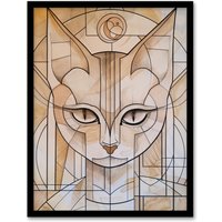 Artery8 Cat Lover Art Deco Feline Design Portrait Framed Art Print in Beige | Size: A4
