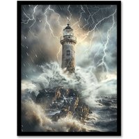 Artery8 Lighthouse Thunderstorm Sea Crushing Waves Framed Art Print in Grey | Size: W12" x H16"