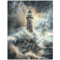 Artery8 Lighthouse Thunderstorm Sea Crushing Waves Wall Art Print in Grey | Size: W24" x H32"