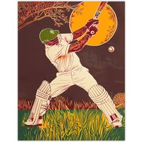 Artery8 Cricket Player Batsman Portrait Painting Wall Art Print in Brown | Size: W18" x H24"