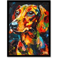 Artery8 Dachshund Sausage Dog Lover Vibrant Portrait Framed Art Print in Orange | Size: W12" x H16"