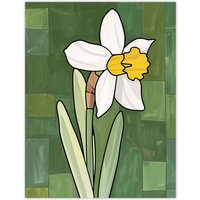 Artery8 Daffodil Flower Bloom Green Stylised Painting Wall Art Print | Size: W12" x H16"