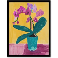 Artery8 Orchid Flower Pot Orange Lilac Green Painting Framed Art Print in Yellow | Size: A4