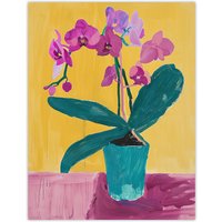 Artery8 Orchid Flower Pot Orange Lilac Green Painting Wall Art Print in Yellow | Size: W12" x H16"