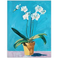 Artery8 White Orchid Flower Pot Painting Wall Art Print in Blue | Size: W18" x H24"