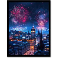 Artery8 Edinburgh Fireworks Night Magical Cityscape Framed Art Print in Blue | Size: A4