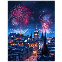 Artery8 Edinburgh Fireworks Night Magical Cityscape Wall Art Print in Blue | Size: W24" x H32"