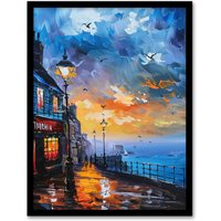 Artery8 Seaside Town Promenade Sunset Oil Painting Framed Art Print in Blue | Size: A4
