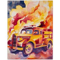 Artery8 Fire Truck on Fire Orange Lilac Red Watercolour Wall Art Print | Size: W18" x H24"